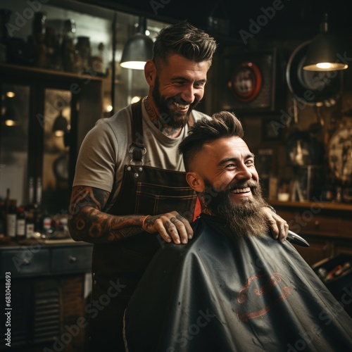 barber trimming a client's hair with electric clippers, capturing the movement © olegganko