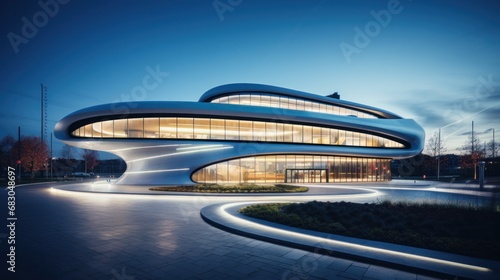 a futuristic building with a curved façade and sleek glass exterior
