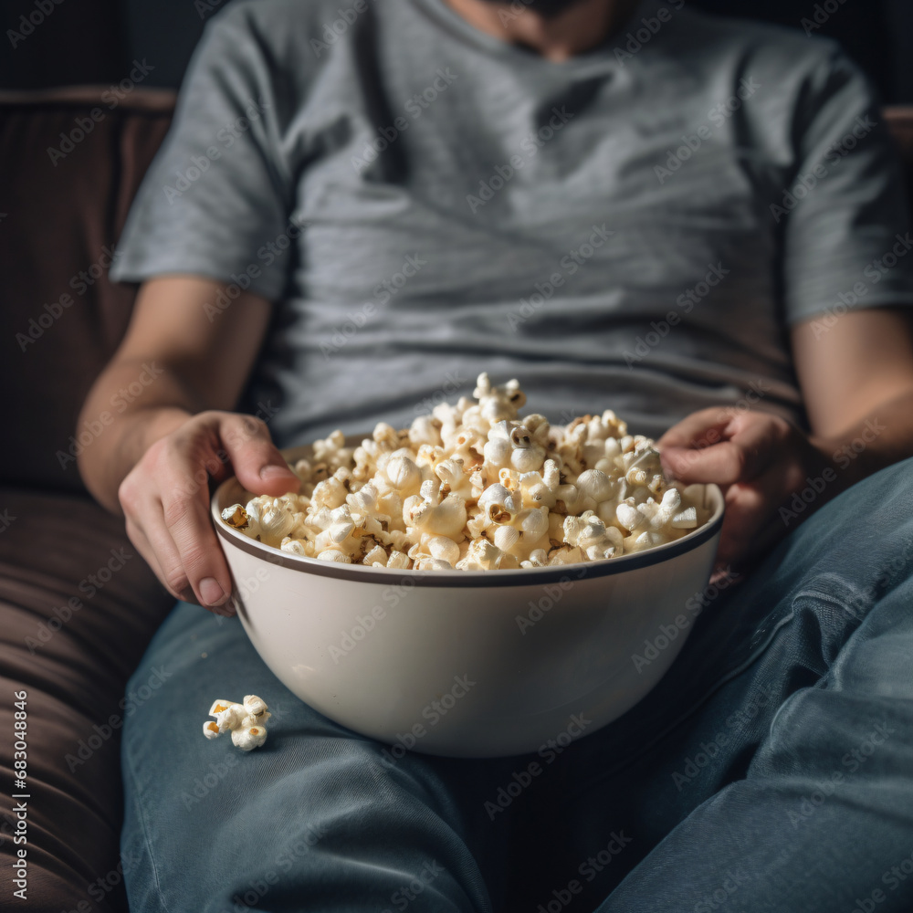 A man with a bowl of popcorn in his hands on the sofa. A man with a bowl of popcorn in his hands on the sofa.