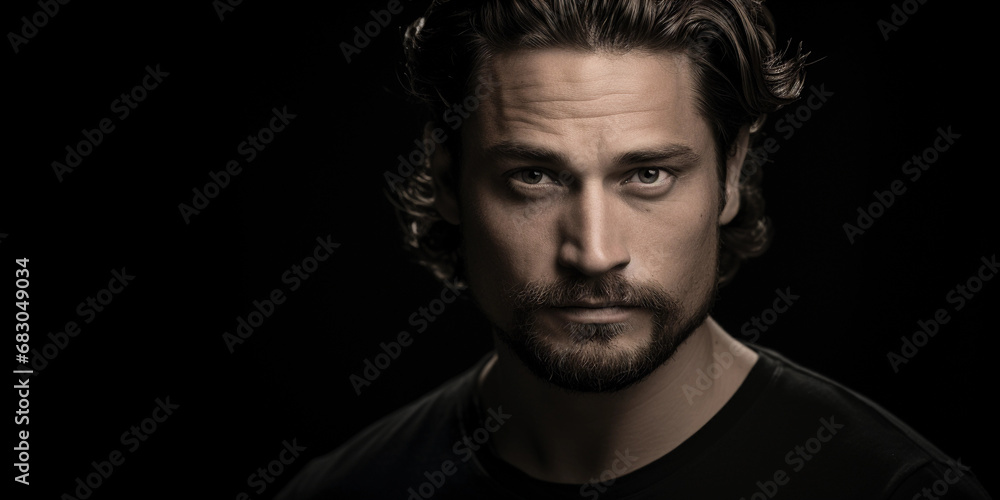Actor's headshot, black and white, contemplative mood, softbox for diffused light, dark background