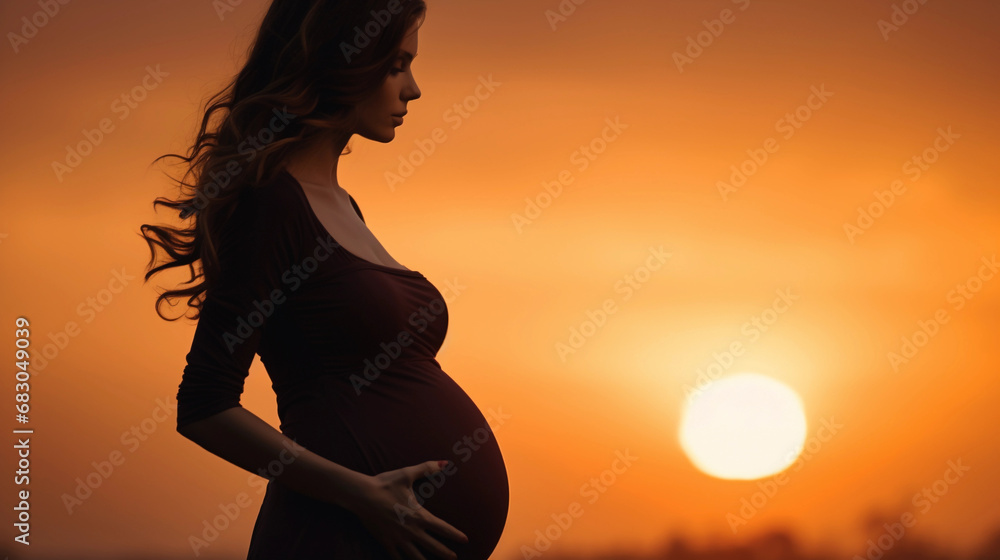 Artistic silhouette maternity portrait against a high-contrast sunset, bold colors, sleek profile of expectant mother Artistic silhouette maternity portrait against a high-contrast sunset, bold colors, sleek profile of expectant mother