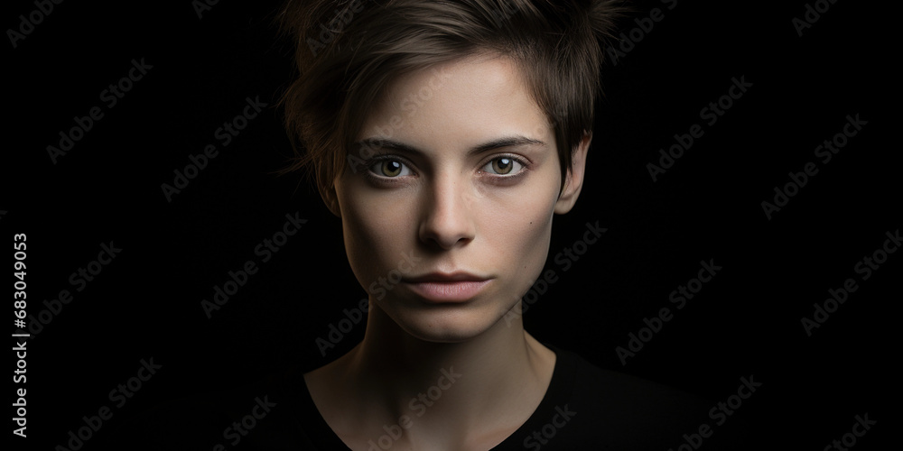 Fototapeta premium Artistic studio portrait, androgynous subject, high contrast, sharp cheekbones, neutral expression, monochromatic styling