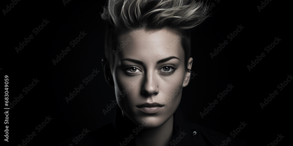 Artistic studio portrait, androgynous subject, high contrast, sharp cheekbones, neutral expression, monochromatic styling