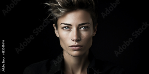 Artistic studio portrait, androgynous subject, high contrast, sharp cheekbones, neutral expression, monochromatic styling