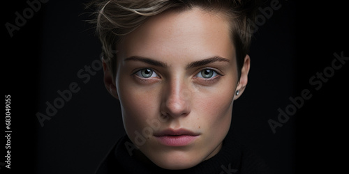 Artistic studio portrait, androgynous subject, high contrast, sharp cheekbones, neutral expression, monochromatic styling