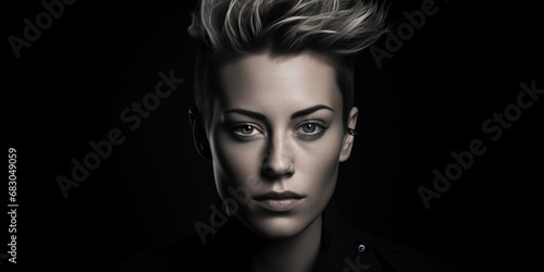 Artistic studio portrait, androgynous subject, high contrast, sharp cheekbones, neutral expression, monochromatic styling