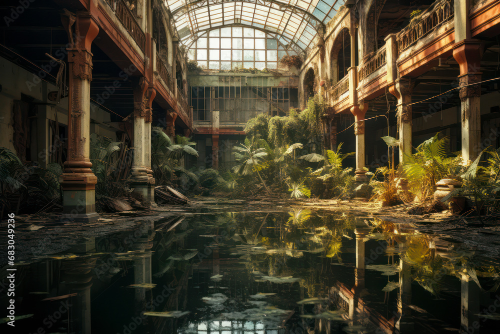 Old abandoned house overgrown by plants