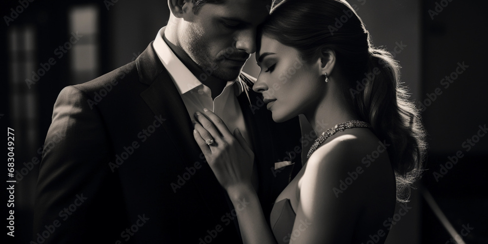 Classic black and white engagement portrait, timeless elegance, couple in formal attire, contrast lighting Classic black and white engagement portrait, timeless elegance, couple in formal attire, contrast lighting