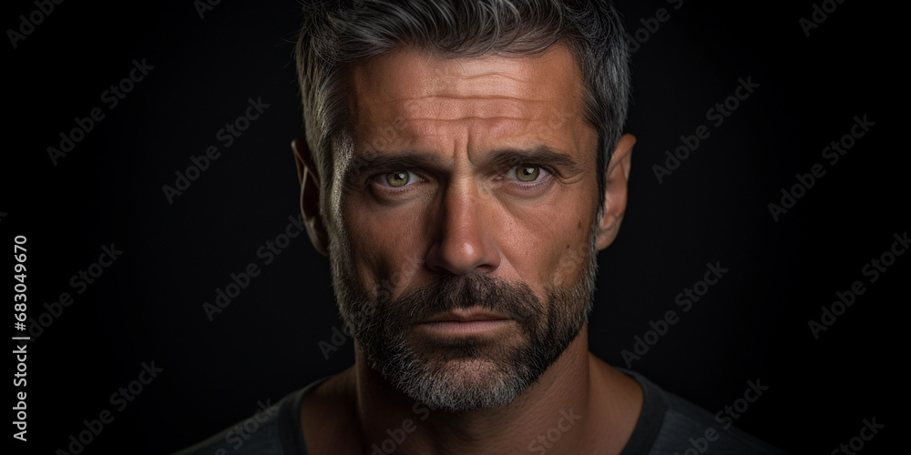 actor's headshot, male, deep-set eyes, stubble, emotive