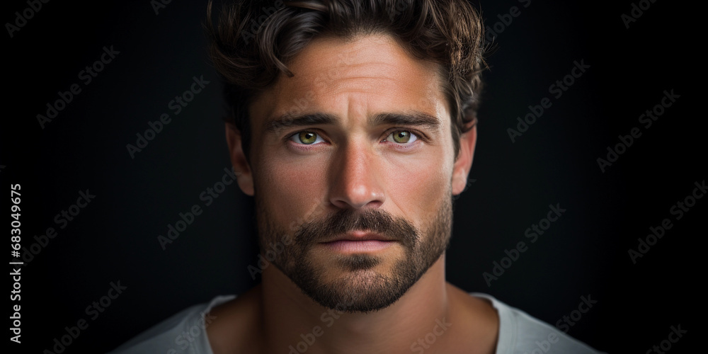 actor's headshot, male, deep-set eyes, stubble, emotive