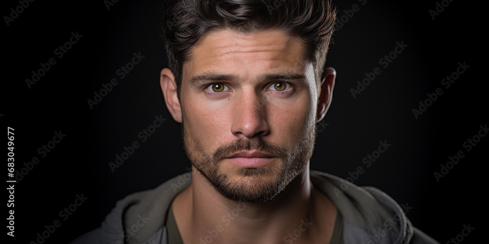 actor's headshot, male, deep-set eyes, stubble, emotive