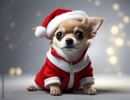 Cute Chihuahua puppy wearing Santa Claus hat. Christmas gift and decorations © Gaston