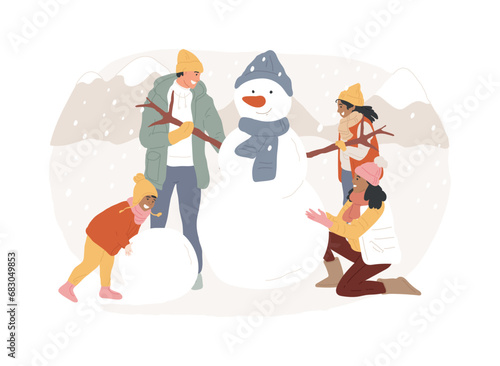 Building a snowman isolated concept vector illustration. Fun activity, winter season entertainment, Christmas holiday, building with snow, create snowman, family outdoor leisure vector concept.