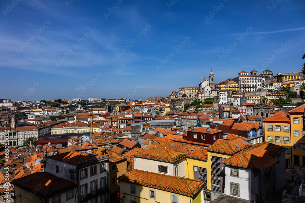 Panoramic view of the picturesque multicolored buildings in the historic center of the Porto city. Porto, Portugal.