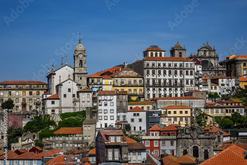 Panoramic view of the picturesque multicolored buildings in the historic center of the Porto city. Porto, Portugal.