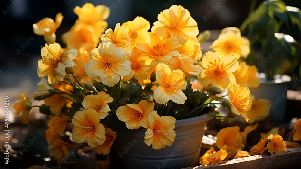 Yellow crocuses in a vase on a wooden table.