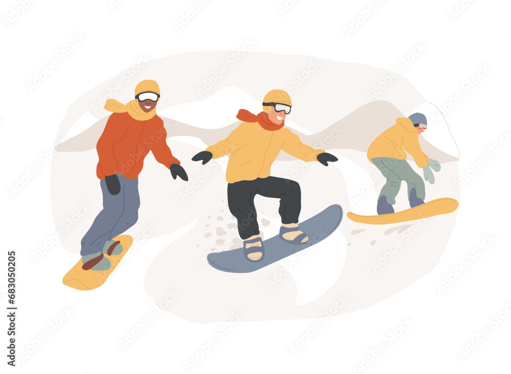 Boarding isolated concept vector illustration. Winter sport, outdoor activity, snowboard helmet and goggles, mountain holiday, extreme sports, alpine ski, freestyle rider, snow vector concept.