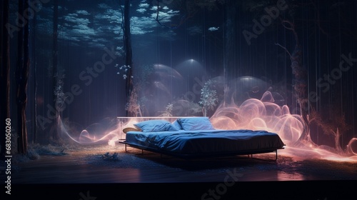 A virtual reality-inspired bedroom with holographic projections of furniture and immersive digital landscapes.