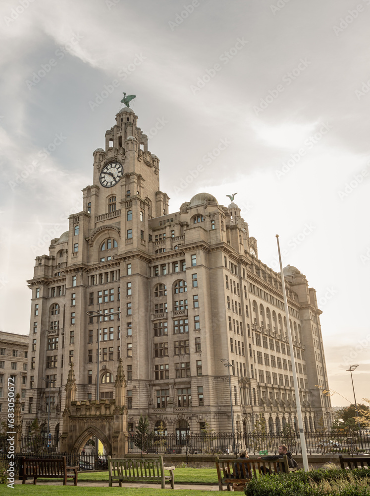 View of The royal Liver building on the Pierhead at Liverpool. Architecture design of Clock tower and The liver bird on top of Historic The royal liver building. Space for text, Selective focus.