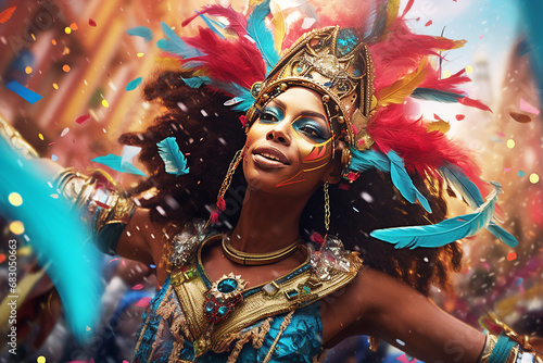 Carnival parade with colorful floats, dancers in elaborate costumes, and lively music, confetti in the air