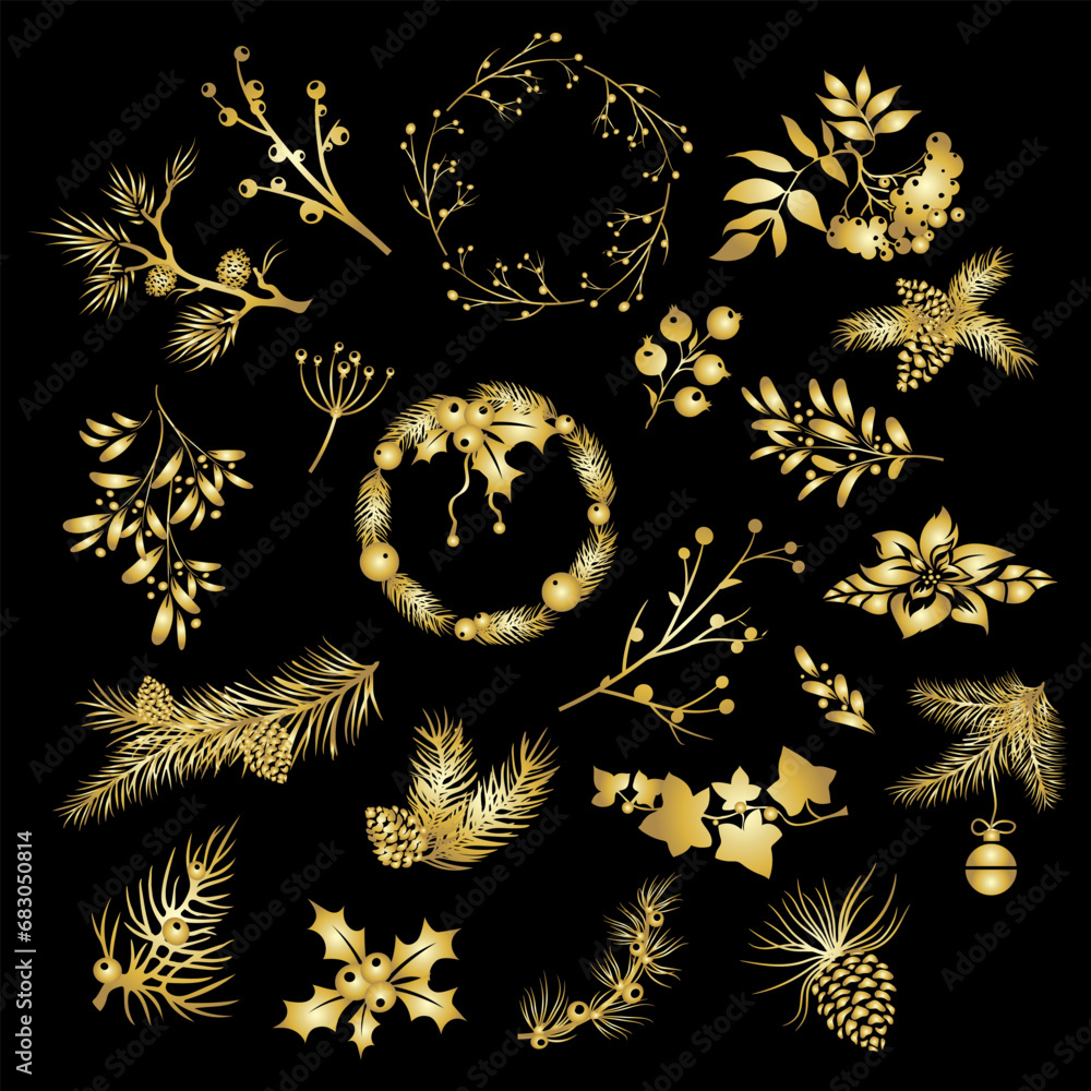  Set of Christmas plants golden gradient isolate on a black background