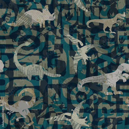 Seamless pattern with letters and dinosaurs silhouette. Typography Background for textile, fabric, stationery, clothes, pajamas and other designs. ABC ornament with dinosaurs.