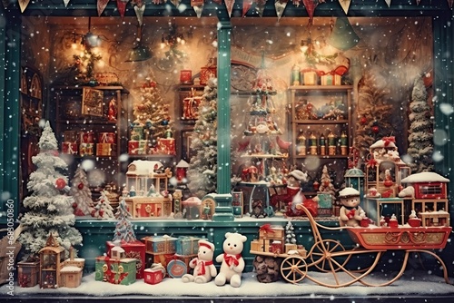 A storefront, antique toys and snow patterns on the glass, an old postcard