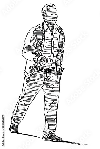 Contour hand drawing of hurrying fast walking active man
