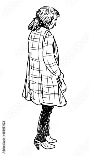 Sketch of casual young fashionable city woman standing alone outdoor in waiting