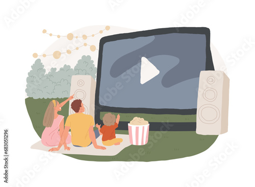 Open air cinema isolated concept vector illustration. Open air movie theater, backyard cinema, watch film outdoors, drive-in service, buy tickets online, rent inflatable screen vector concept.