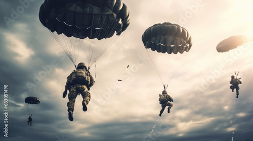 Parachutist flying with parachute in the sky. Patriotism Concept. Military Concept. photo