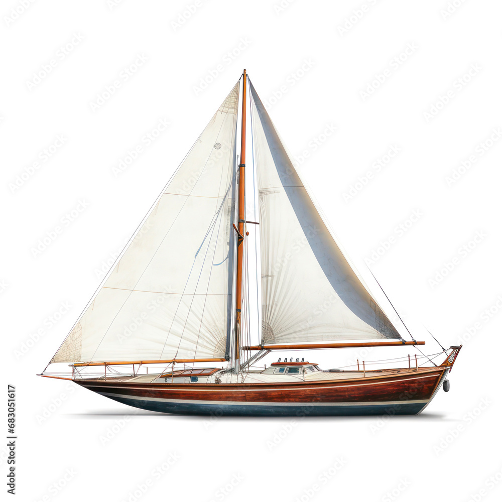 sailing yacht on the waves in illustration style isolated on white background