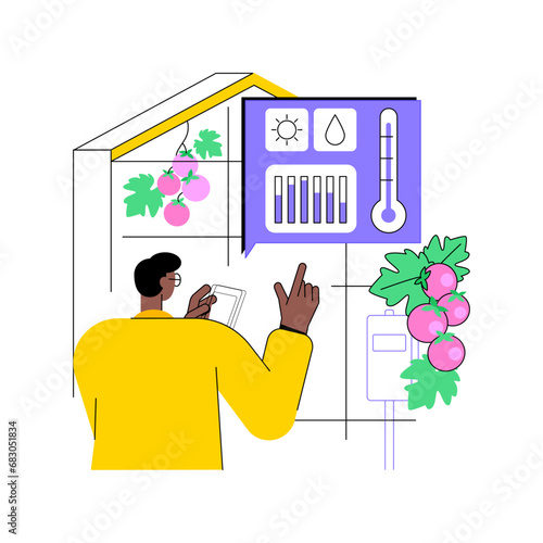 Crop monitoring isolated cartoon vector illustrations. Farmer using gadgets to monitor crop, control changes in light, humidity, temperature, shape and size, smart farming vector cartoon.
