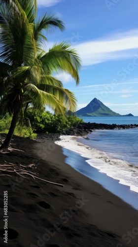 showcases the unique beauty of a volcanic island  with its lush greenery  black sand beaches