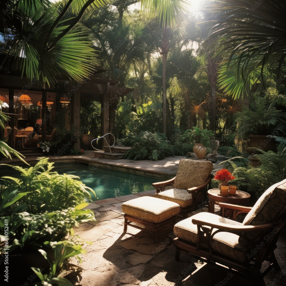 a pool surrounded by lush greenery and lounge chairs, perfect for a peaceful afternoon