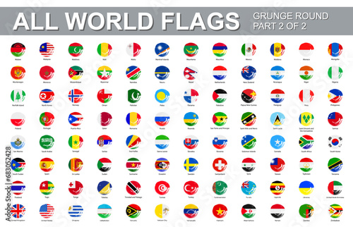 All world flags - vector set of flat round grunge icons. Part 2 of 2