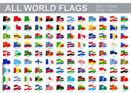 All world flags - vector set of waveform flat icons. Part 1 of 2