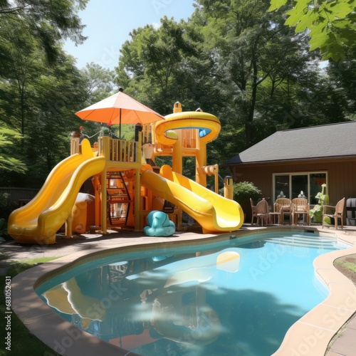 a backyard pool with an inflatable slide and barbecue setup, perfect for summ...