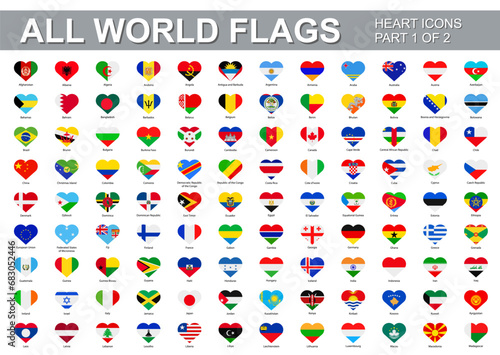 All world flags - vector set of flat heart shape icons. Part 1 of 2