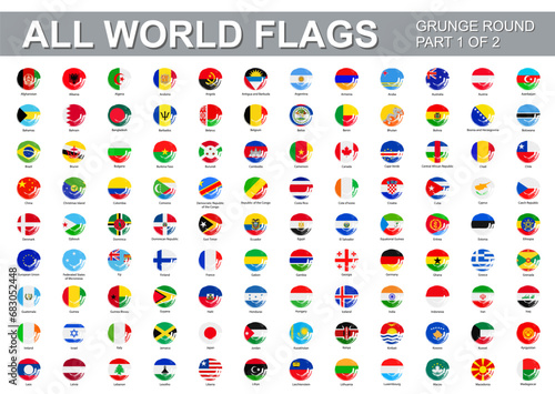 All world flags - vector set of flat round grunge icons. Part 1 of 2
