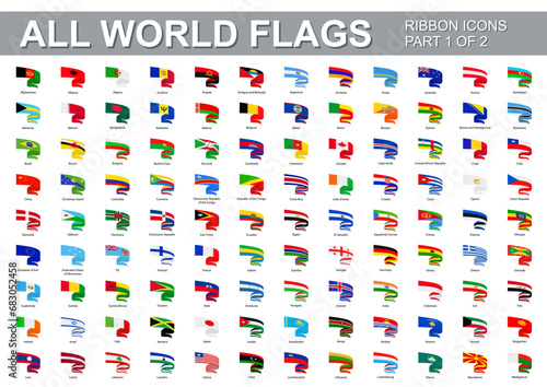 All world flags - vector set of flat twisted ribbon icons. Part 1 of 2