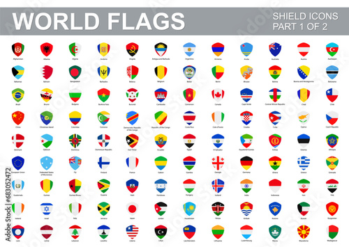All world flags - vector set of flat shield icons. Part 1 of 2