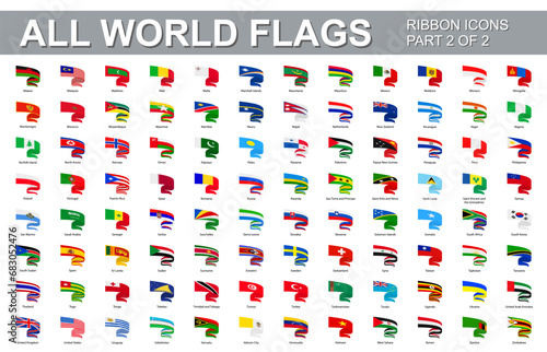 All world flags - vector set of flat twisted ribbon icons. Part 2 of 2