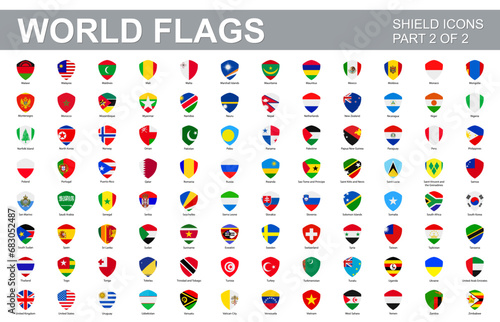All world flags - vector set of flat shield icons. Part 2 of 2