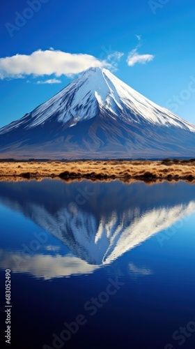 captures the serene beauty of a volcanic mountain reflected in a calm, crysta...