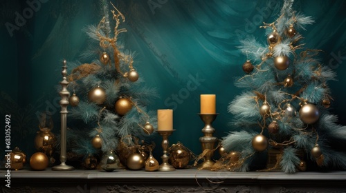 hristmas decorations with bows and balls on a green background