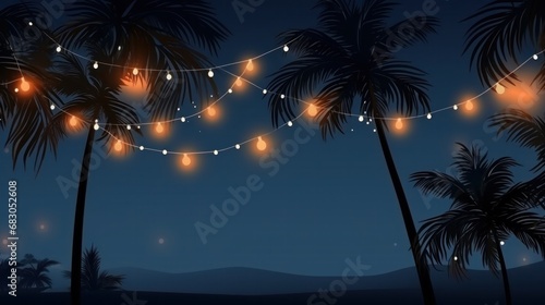 summer night party beach palms with light bulb garlands. large copyspace area...