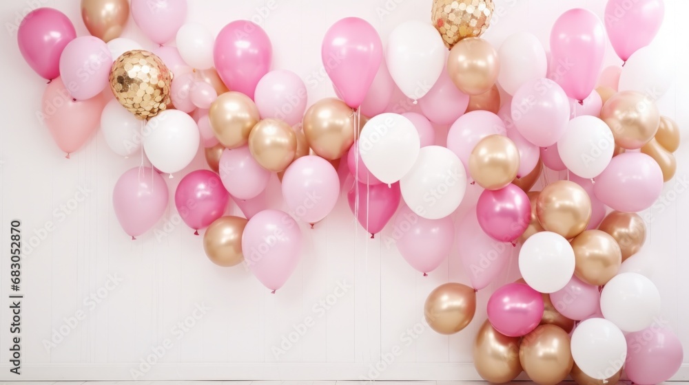 pink and gold balloons, gifts, presents and confetti on cream background - obrazy, fototapety, plakaty 