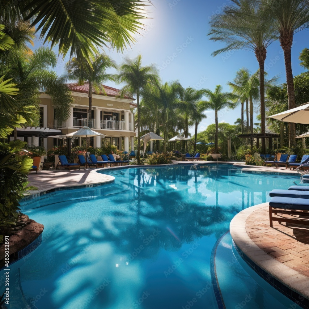 a high-end resort-style pool with elegant cabanas and sparkling blue water