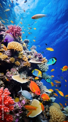 colorful coral reefs teeming with tropical fish and marine life